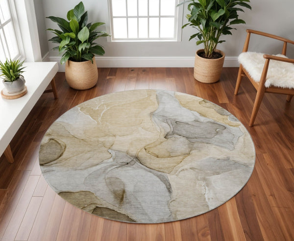 HomeRoots 8' Modern Abstract Washable Round Rug in Brown, Gray, and Ivory - UV Protection & Stain Resistant 646707
