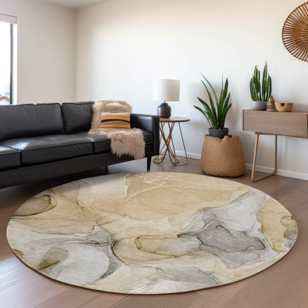 HomeRoots 8' Modern Abstract Washable Round Rug in Brown, Gray, and Ivory - UV Protection & Stain Resistant 646707