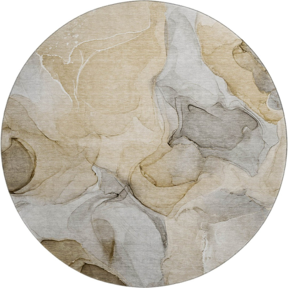 HomeRoots 8' Modern Abstract Washable Round Rug in Brown, Gray, and Ivory - UV Protection & Stain Resistant 646707