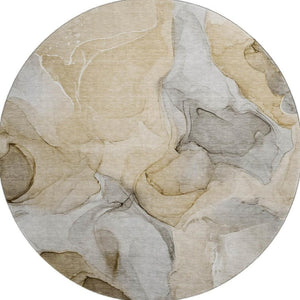 HomeRoots 8' Modern Abstract Washable Round Rug in Brown, Gray, and Ivory - UV Protection & Stain Resistant 646707