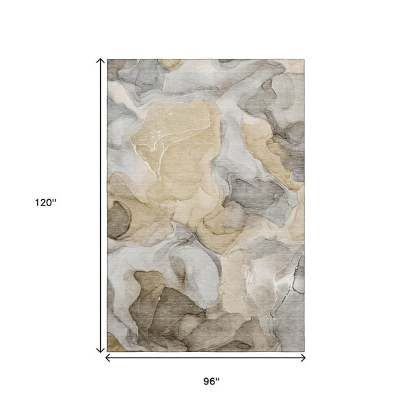 HomeRoots 8' X 10' Brown Gray Ivory Abstract Washable Area Rug - Durable, UV-Protected, Ideal for Homes! 646708
