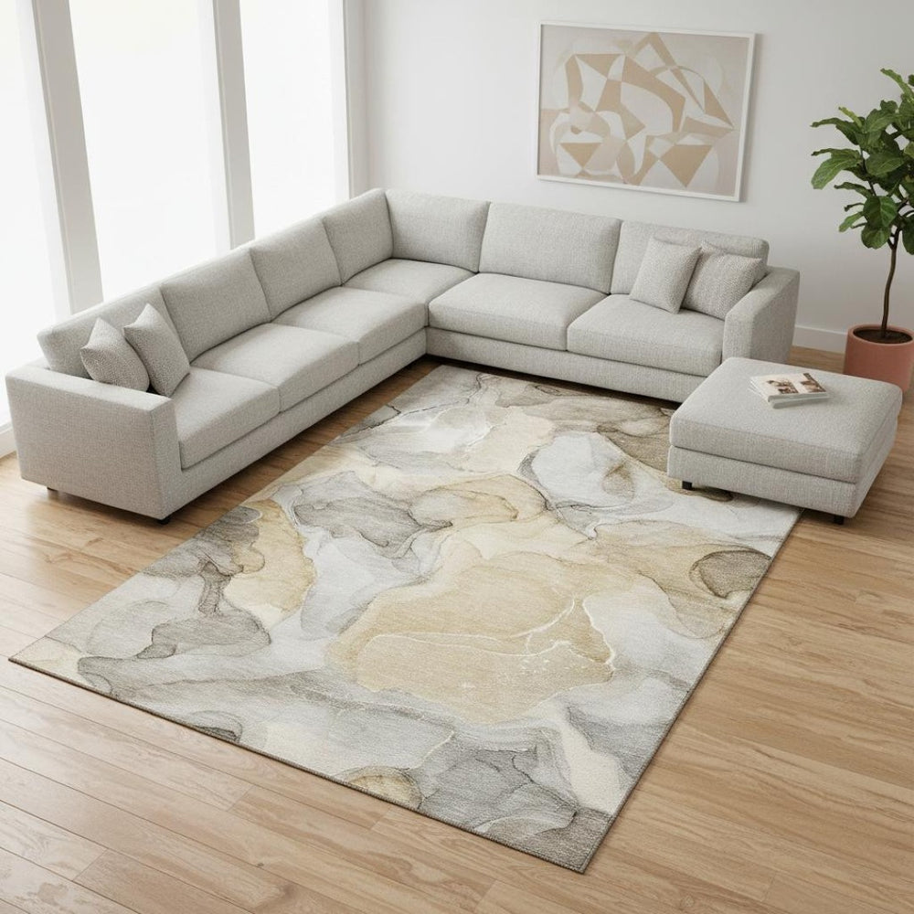 HomeRoots 8' X 10' Brown Gray Ivory Abstract Washable Area Rug - Durable, UV-Protected, Ideal for Homes! 646708