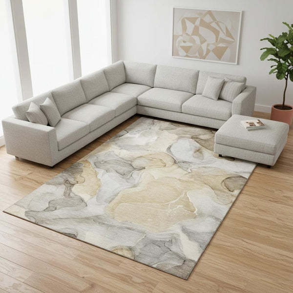 HomeRoots 8' X 10' Brown Gray Ivory Abstract Washable Area Rug - Durable, UV-Protected, Ideal for Homes! 646708