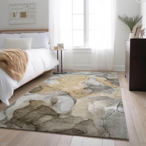 HomeRoots 8' X 10' Brown Gray Ivory Abstract Washable Area Rug - Durable, UV-Protected, Ideal for Homes! 646708