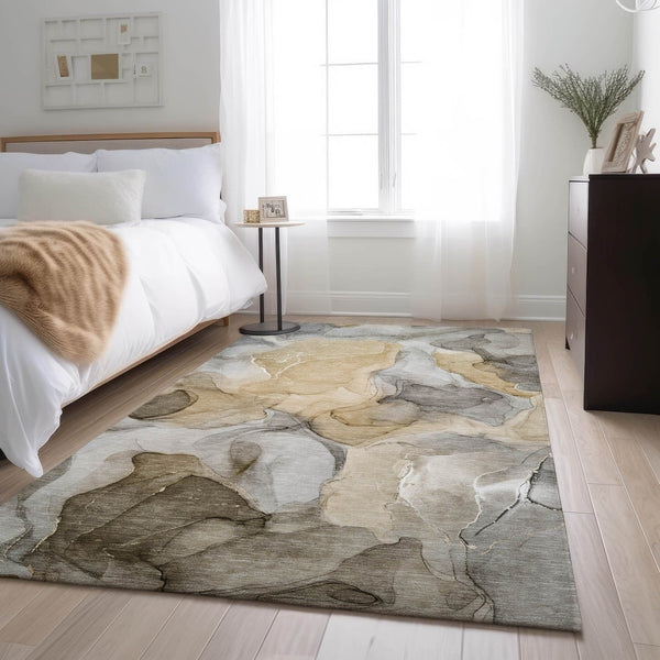 HomeRoots 8' X 10' Brown Gray Ivory Abstract Washable Area Rug - Durable, UV-Protected, Ideal for Homes! 646708