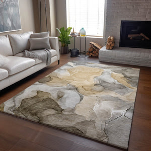 HomeRoots 8' X 10' Brown Gray Ivory Abstract Washable Area Rug - Durable, UV-Protected, Ideal for Homes! 646708