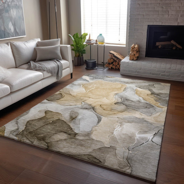 HomeRoots 8' X 10' Brown Gray Ivory Abstract Washable Area Rug - Durable, UV-Protected, Ideal for Homes! 646708