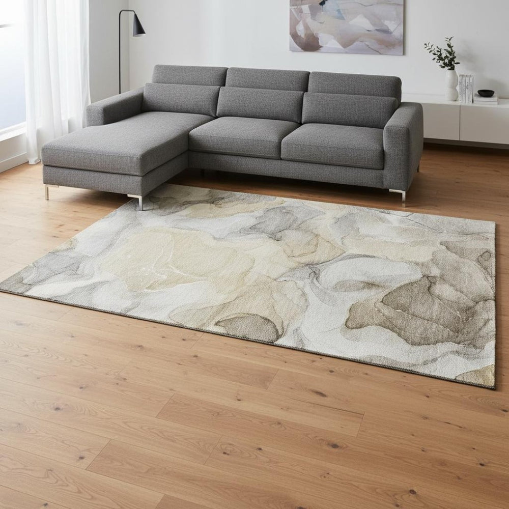 HomeRoots 9' X 12' Abstract Area Rug in Brown Gray Ivory – Washable, UV Protected, Perfect for High-Traffic Rooms 646709