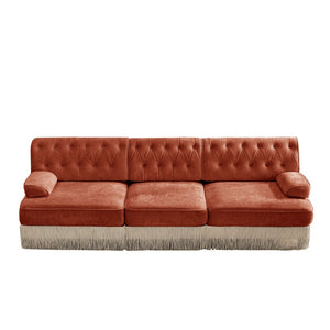 English Elm 3-seater Velvet Tufted Sofa with Tassel Fringe Skirt French Luxe Living Room Seating Red+Brown W714S01722