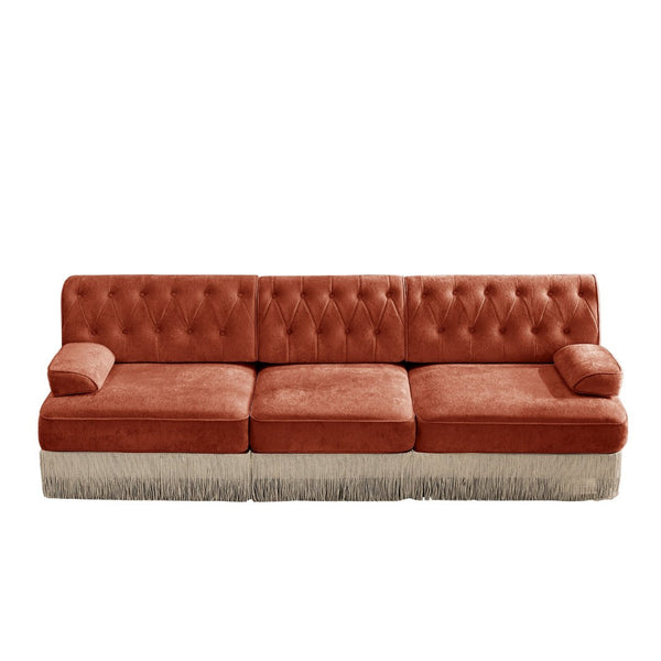 English Elm 3-seater Velvet Tufted Sofa with Tassel Fringe Skirt French Luxe Living Room Seating Red+Brown W714S01722