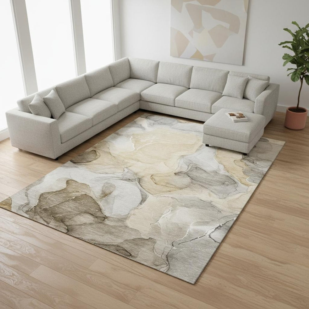 HomeRoots 10' X 14' Brown Gray Ivory Abstract Area Rug - Durable, Washable, UV-Protected for Active Homes 646710