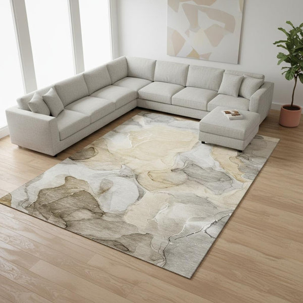 HomeRoots 10' X 14' Brown Gray Ivory Abstract Area Rug - Durable, Washable, UV-Protected for Active Homes 646710