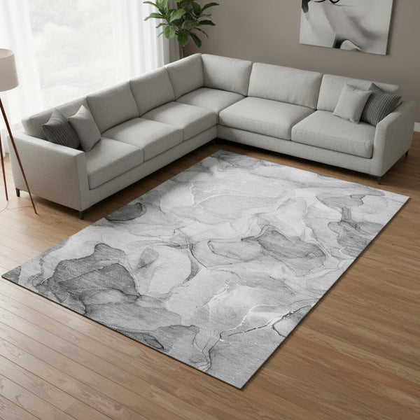 HomeRoots 8' X 10' Gray and Ivory Abstract Area Rug – Durable, Washable, Stain Resistant, UV Protected Design 646714