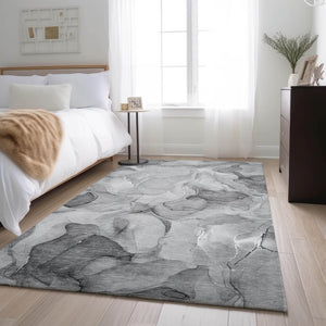 HomeRoots 8' X 10' Gray and Ivory Abstract Area Rug – Durable, Washable, Stain Resistant, UV Protected Design 646714