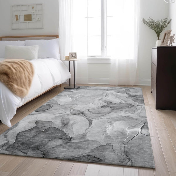 HomeRoots 8' X 10' Gray and Ivory Abstract Area Rug – Durable, Washable, Stain Resistant, UV Protected Design 646714