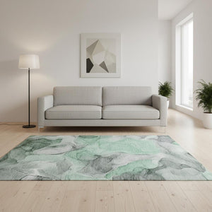 HomeRoots 5' X 8' Contemporary Green Gray Ivory Abstract Washable Area Rug with UV Protection & Durability 646718