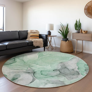HomeRoots 8' Stylish Green Gray and Ivory Abstract Round Rug - Washable, UV-Protected, Family-Friendly Design! 646719