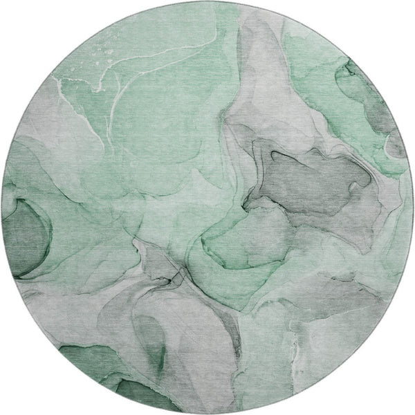 HomeRoots 8' Stylish Green Gray and Ivory Abstract Round Rug - Washable, UV-Protected, Family-Friendly Design! 646719