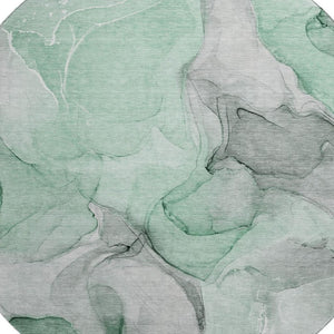 HomeRoots 8' Stylish Green Gray and Ivory Abstract Round Rug - Washable, UV-Protected, Family-Friendly Design! 646719