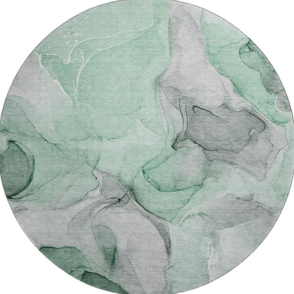 HomeRoots 8' Stylish Green Gray and Ivory Abstract Round Rug - Washable, UV-Protected, Family-Friendly Design! 646719