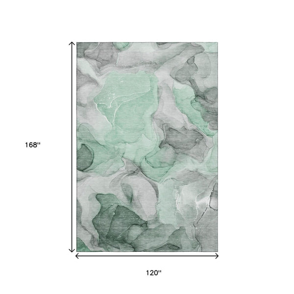 HomeRoots 10' Abstract Area Rug in Green, Gray & Ivory - Washable, UV Protected, Stain Resistant for Homes 646722
