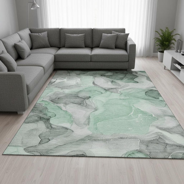 HomeRoots 10' Abstract Area Rug in Green, Gray & Ivory - Washable, UV Protected, Stain Resistant for Homes 646722