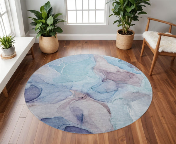 HomeRoots 8' Washable Round Rug in Navy Blue, Purple & Gray - Modern Abstract Design with UV Protection & Durability 646725