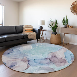 HomeRoots 8' Washable Round Rug in Navy Blue, Purple & Gray - Modern Abstract Design with UV Protection & Durability 646725