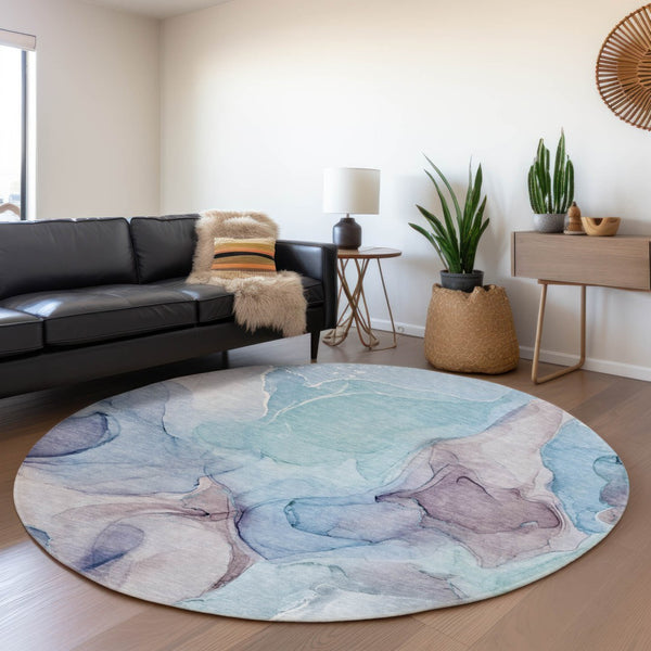 HomeRoots 8' Washable Round Rug in Navy Blue, Purple & Gray - Modern Abstract Design with UV Protection & Durability 646725