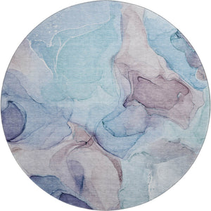 HomeRoots 8' Washable Round Rug in Navy Blue, Purple & Gray - Modern Abstract Design with UV Protection & Durability 646725
