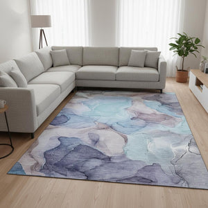 HomeRoots 8' X 10' Navy Blue, Purple & Gray Abstract Washable Area Rug - Stain Resistant & UV Protected! 646726