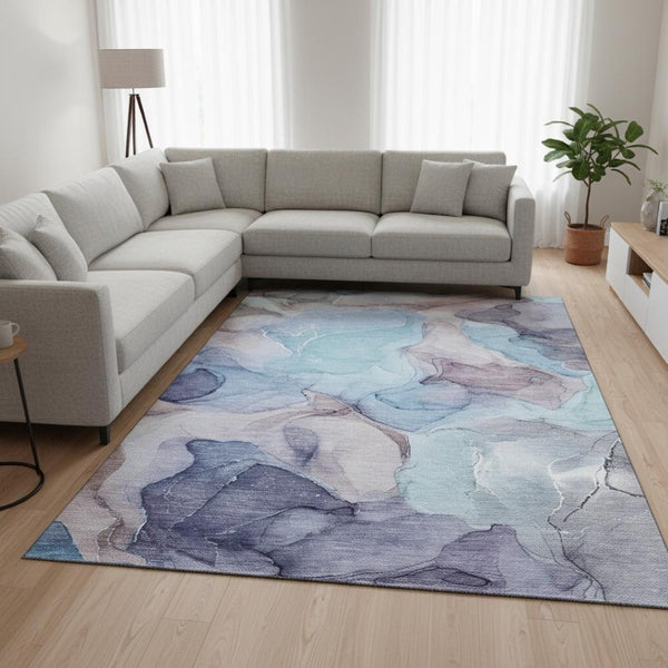 HomeRoots 8' X 10' Navy Blue, Purple & Gray Abstract Washable Area Rug - Stain Resistant & UV Protected! 646726