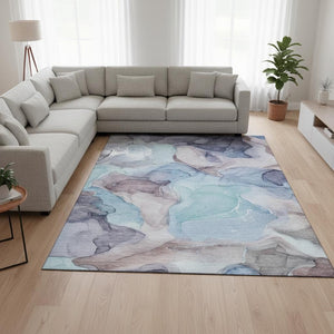 HomeRoots 9' X 12' Washable Area Rug in Navy Blue, Purple & Gray - Durable, UV-Protected, Modern Design! 646727