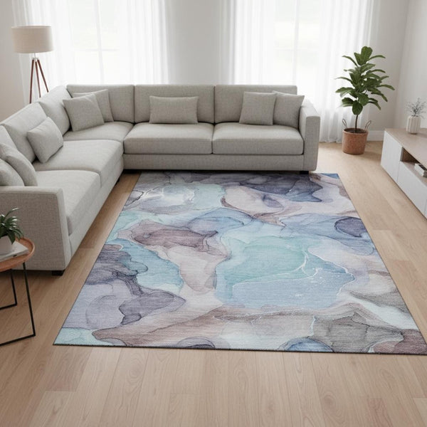 HomeRoots 9' X 12' Washable Area Rug in Navy Blue, Purple & Gray - Durable, UV-Protected, Modern Design! 646727