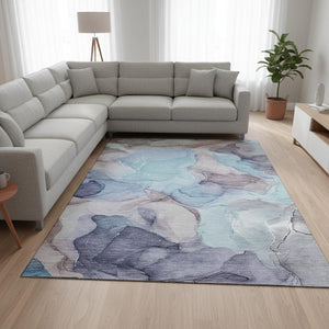 HomeRoots 10' Washable Navy Blue, Purple & Gray Abstract Area Rug - Durable UV Protected Design for Busy Homes 646728