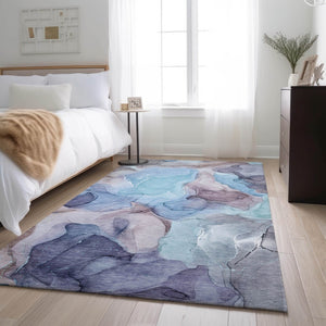 HomeRoots 10' Washable Navy Blue, Purple & Gray Abstract Area Rug - Durable UV Protected Design for Busy Homes 646728