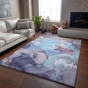 HomeRoots 10' Washable Navy Blue, Purple & Gray Abstract Area Rug - Durable UV Protected Design for Busy Homes 646728