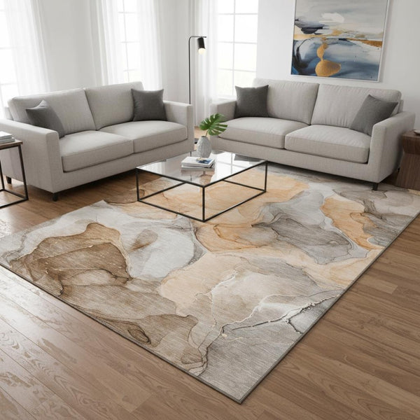 HomeRoots 5' X 8' Abstract Washable Area Rug in Orange, Gray & Ivory - UV Protected, Pet-Friendly & Stylish 646730