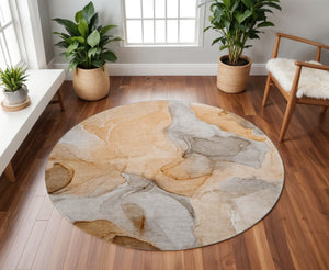 HomeRoots 8' Vibrant Orange, Gray & Ivory Abstract Washable Round Rug with UV Protection for Modern Spaces 646731