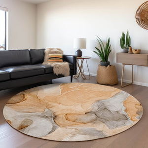 HomeRoots 8' Vibrant Orange, Gray & Ivory Abstract Washable Round Rug with UV Protection for Modern Spaces 646731