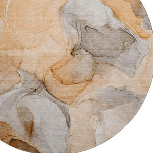 HomeRoots 8' Vibrant Orange, Gray & Ivory Abstract Washable Round Rug with UV Protection for Modern Spaces 646731