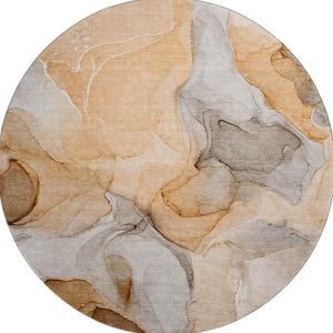 HomeRoots 8' Vibrant Orange, Gray & Ivory Abstract Washable Round Rug with UV Protection for Modern Spaces 646731
