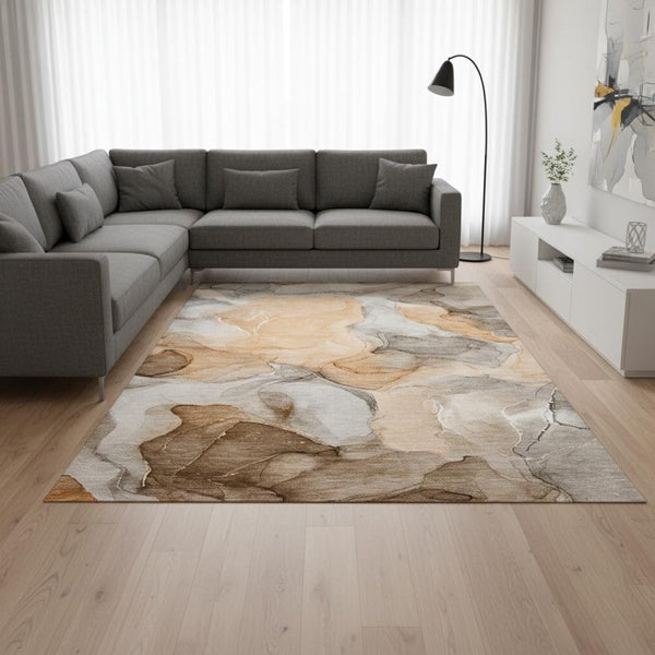 HomeRoots 9' X 12' Abstract Area Rug in Orange, Gray & Ivory – Washable, Stain Resistant, UV Protected Design 646733