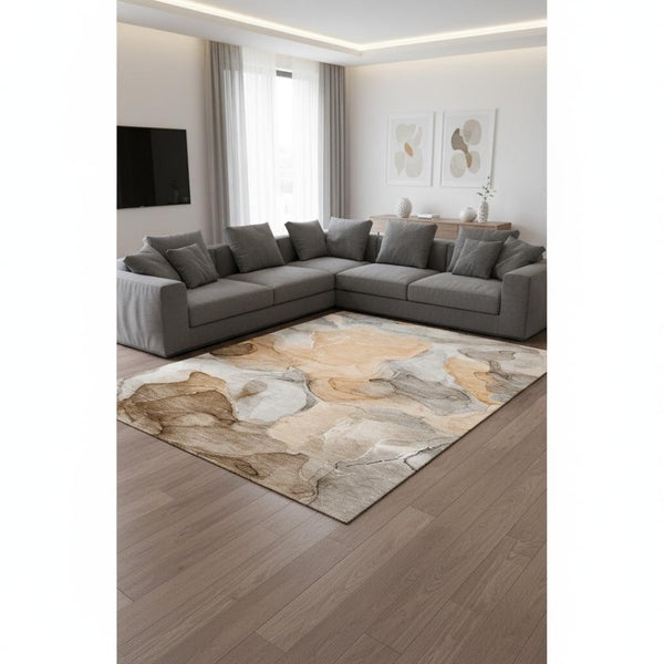 HomeRoots 9' X 12' Abstract Area Rug in Orange, Gray & Ivory – Washable, Stain Resistant, UV Protected Design 646733
