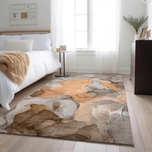 HomeRoots 10' X 14' Vibrant Orange Gray Ivory Abstract Washable Area Rug with UV Protection for Modern Homes 646734