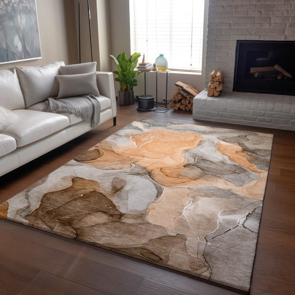 HomeRoots 10' X 14' Vibrant Orange Gray Ivory Abstract Washable Area Rug with UV Protection for Modern Homes 646734