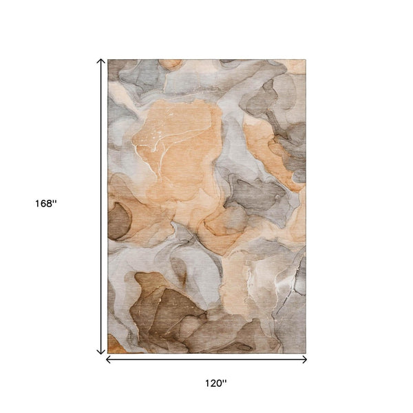 HomeRoots 10' X 14' Vibrant Orange Gray Ivory Abstract Washable Area Rug with UV Protection for Modern Homes 646734