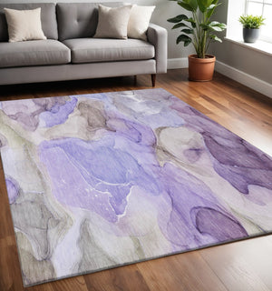 HomeRoots 5' X 8' Purple And Gray Abstract Area Rug - Washable, UV Protected, Stain-Resistant for Modern Homes 646736