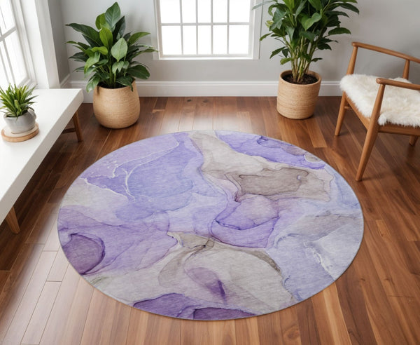 HomeRoots 8' Purple and Gray Abstract Washable Round Rug - Durable, Stain-Resistant with UV Protection for Homes 646737
