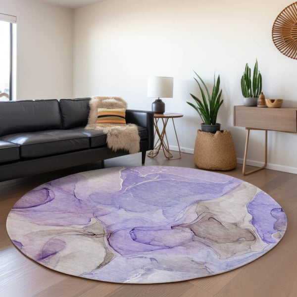 HomeRoots 8' Purple and Gray Abstract Washable Round Rug - Durable, Stain-Resistant with UV Protection for Homes 646737
